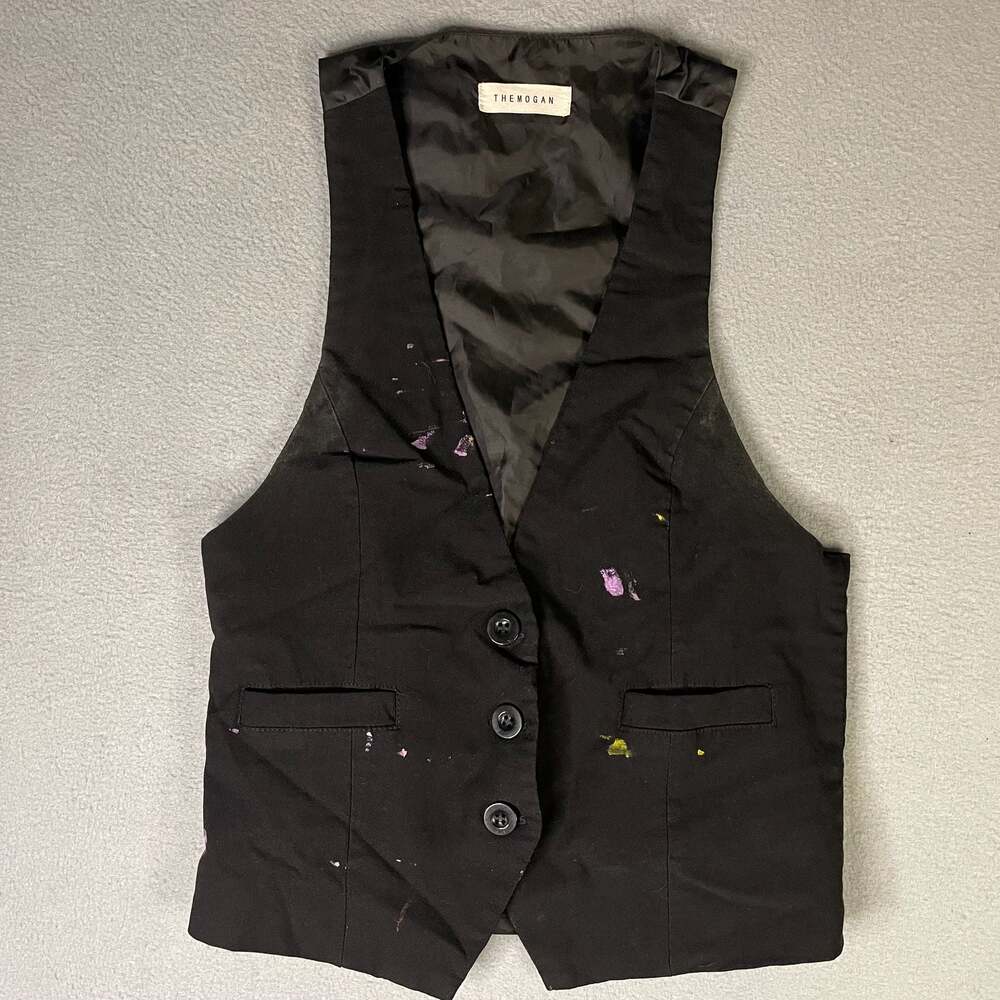 The Morgan Women Black Formal ButtonDown Waistcoat Vest with paint splatter SZ S